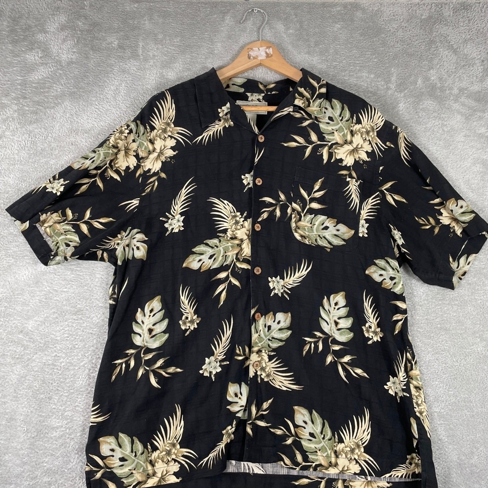 Paradise Collection Hawaiian Shirt Mens Large Black Silk Floral Tropical Aloha